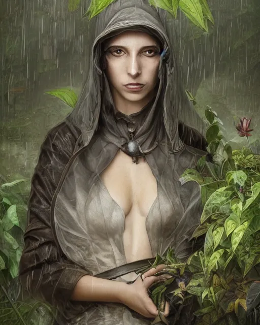 Image similar to portrait of a female plague doctor in a botanical greenhouse, heavy rain outside, wind, thunder, reflections, deep focus, d & d, fantasy, intricate, elegant, highly detailed, digital painting, artstation, concept art, matte, sharp focus, illustration, hearthstone, art by artgerm and greg rutkowski and alphonse mucha