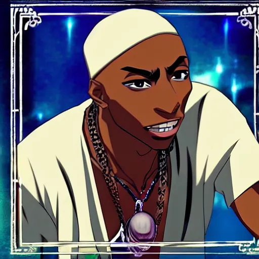 Image similar to Tupac Shakur, screenshot from a 2012s anime