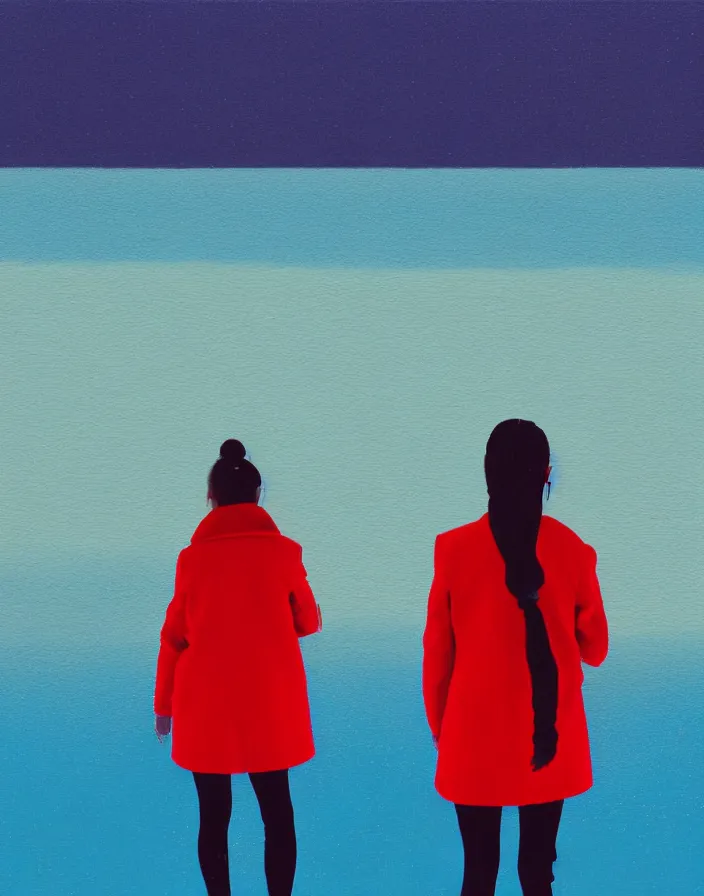 Image similar to wide shot rear view photographer woman hair in a bun long red stripe coat backpack sneakers grasping a nikon dslr camera while looking out over a placid blue lake, a character design painting, in the style of wes anderson, lola dupre, david hockney, isolated on negative white space background dark monochrome fluorescent spraypaint accents volumetric octane render, no double figure