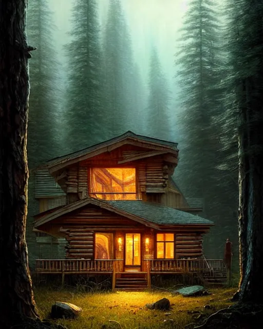 Prompt: a hyper - detailed 3 d render like an oil painting of cabin in the woods floating inside our own consciousness!!!!! surreal concept art, lifelike, photorealistic, digital painting, aesthetic, smooth, sharp focus, artstation hd, by greg rutkowski, bruce pennington, valentina remenar, rhads, asher duran,