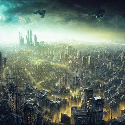 Image similar to megacity, hive city, futuristic dystopian endless, intricate, complex, labyrinthine, byzantine, tangled, matte painting, night, gloomy, dark, dramatic, cinematic, volumetric lighting, gods eye view