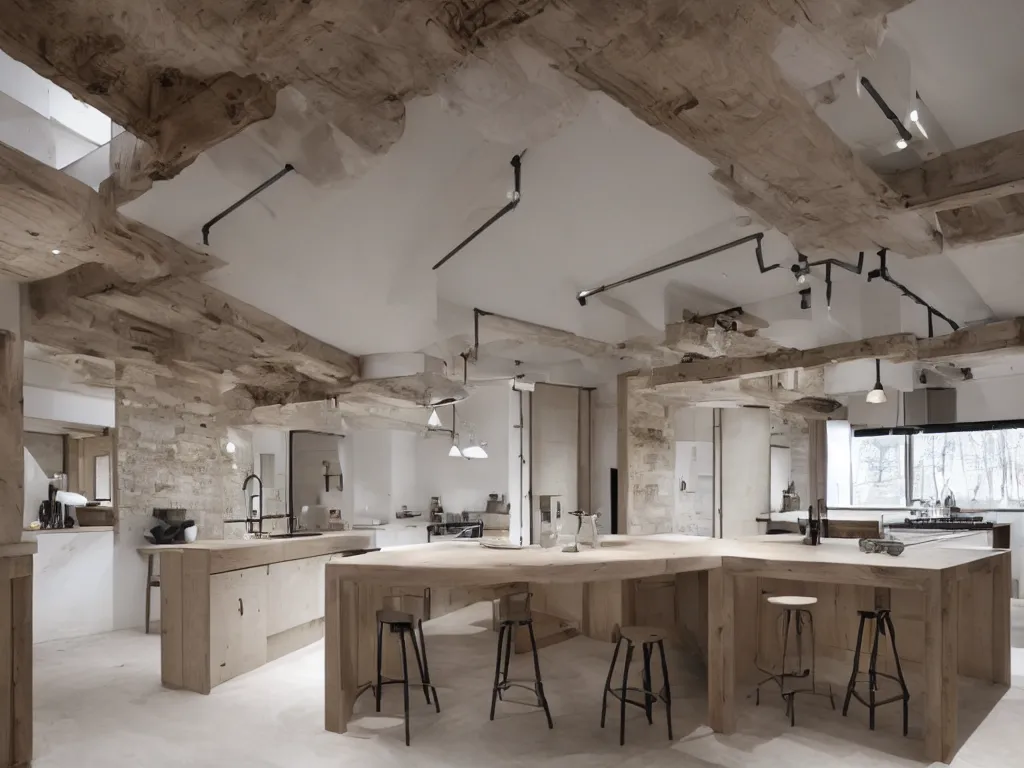 Image similar to luxury bespoke kitchen design, modern rustic, Japanese and Scandanvian influences, understated aesthetic, innovative materials and textrue, by Roundhouse Design