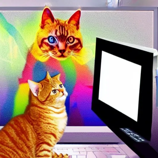 Prompt: computer monitor with a cat stuck inside, surreal, colorful