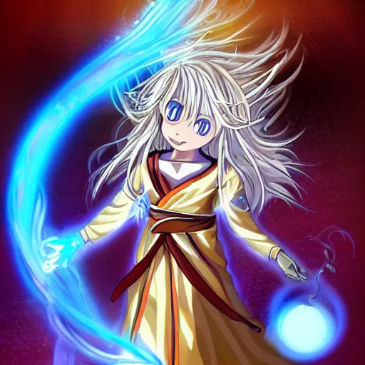 Image similar to a beautiful anime character wizard with free flowing hair holding a staff that has a glowing blue orb at the head of it high detail, high resolution