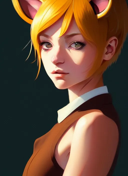 Image similar to ultradetailed beautiful panting of a stylish young lady wearing a brown foxgirl suit with cat ears, dramatic, she has blond hair, distressed, volumetric light, by greg rutkowski, ilya kuvshinov, james jean, makoto shinkai, on artstation