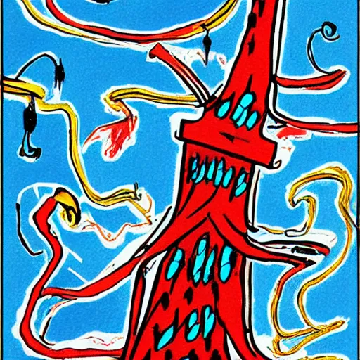 Prompt: dr. seuss surrealism tower | midnight paintings | intricate detail | bold colors | illustration | barren waste with single tower