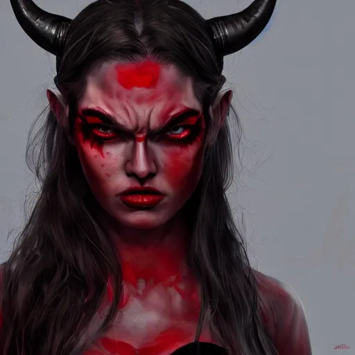 Prompt: artstation young woman with red eyes and horns on her head in fury, very detailed, , portrait, high contrast