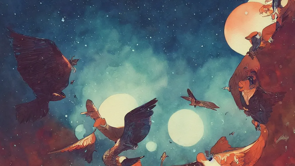 Prompt: ilya kuvshinov, rutkowski, victo ngai, james jean, john william waterhouse, artgerm, watercolor illustration of owls flying at night, colorful, mural, deep shadows, astrophotography, highly detailed