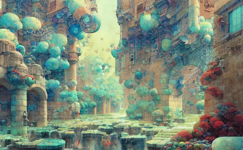 Image similar to tiled room squared waterway, aqueducts, fantasy. intricate, amazing composition, colorful watercolor, by ruan jia, by maxfield parrish, by marc simonetti, by hikari shimoda, by robert hubert, by zhang kechun, illustration, gloomy