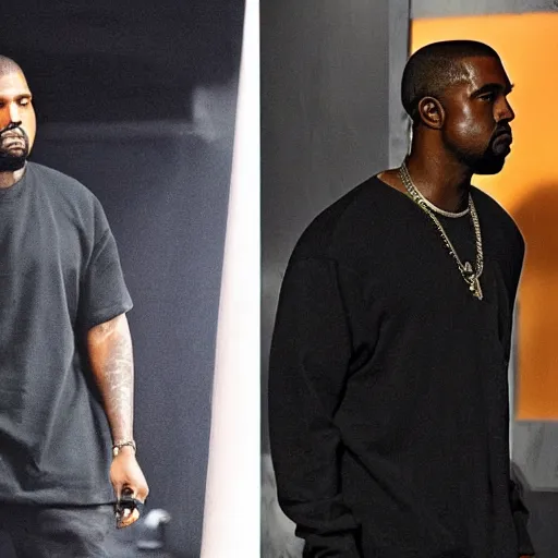 Prompt: paparazzi sneak photo of whole body and face wide shot of Kanye West wearing all black clothes in the studio with Jay-Z, the studio has dark lighting, the photo was taken in a iPhone 11, Kanye West and Jay-Z are not aware they are being filmed so they are not looking to the camera