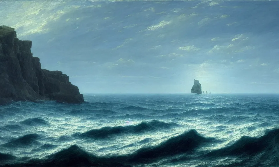 Image similar to a cinematic hyperrealism highly detailed photograph of blue ocean, by caspar david friedrich, trending on artstation