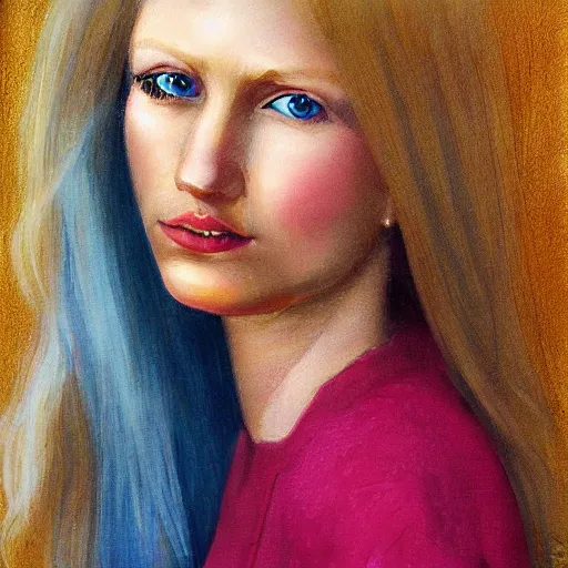 Prompt: woman with long blonde hair and blue eyes by stanley artgem lau