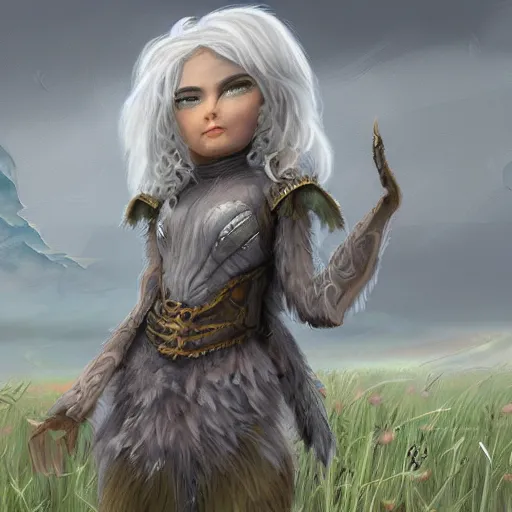 Prompt: a highly detailed painting of a adorable fantasy creature with grey hair in a field concept art