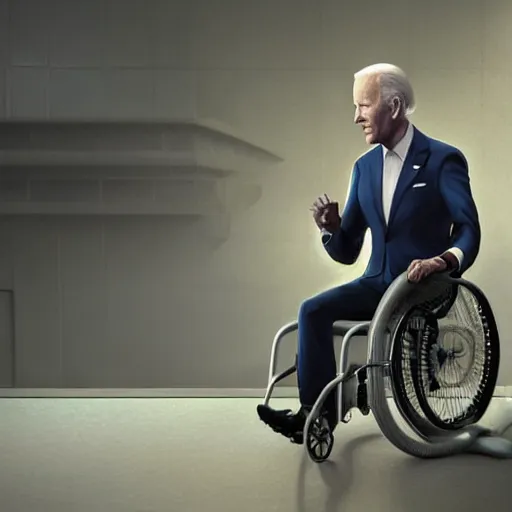 Image similar to hyperrealistic mixed media image of joe biden in a wheelchair wearing a bicycle helmet, stunning 3 d render inspired art by istvan sandorfi and greg rutkowski, perfect facial symmetry, realistic, highly detailed attributes and atmosphere, dim volumetric cinematic lighting, 8 k octane extremely hyper - detailed render, post - processing, masterpiece,