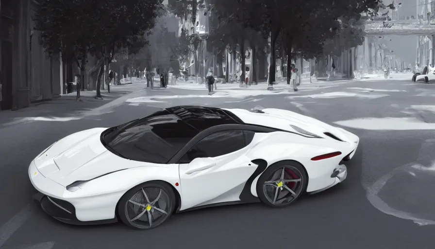 Image similar to White shinny Ferrari in Roma, hyperdetailed, artstation, cgsociety, 8k