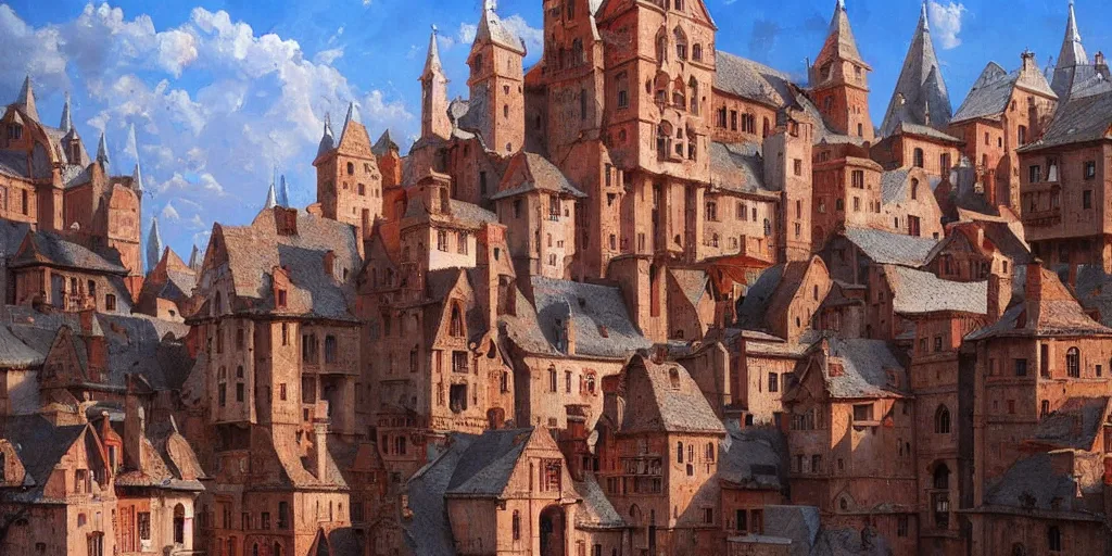 Image similar to hyper realistic oil painting of a medieval city, houses made out of red stone, houses made out of white stone, hyper detailed, high contrast, bright, summer, blue skies, by Greg Rutkowski, trending on artstation