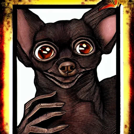 Prompt: a dark brown chihuahua, hyper detailed, in the style of junji ito and berserk, selfie