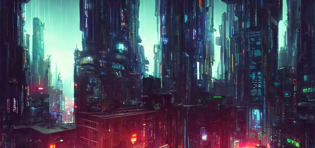 Image similar to view from the ground of a futuristic cyberpunk city at night in rain, with flying cars, symmetry, cinematic lighting, ultra detailed, sharp, ambient occlusion, raytracing, by greg rutowski, paul chadeisson and jessica rossier