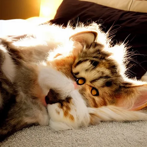 Image similar to very cute huge giant large calico main coon sprawled out across entire bed, portrait, pixar style, cinematic lighting, award winning creature portrait photography