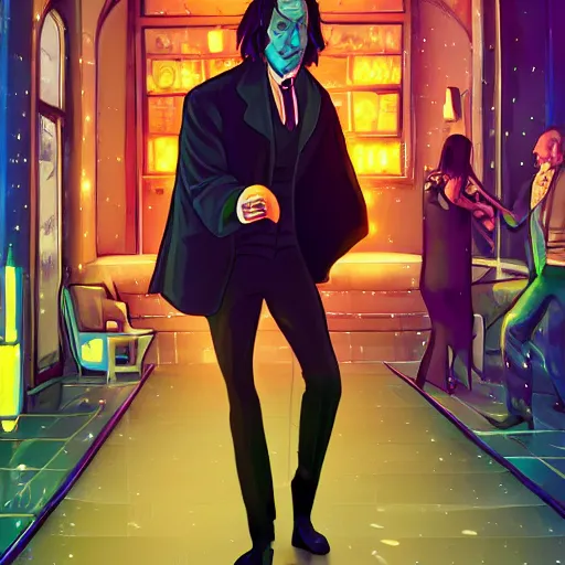 Prompt: Professor Snape dances in a disco bar, illustration, digital painting, artstation, highly detailed, cyberpunk