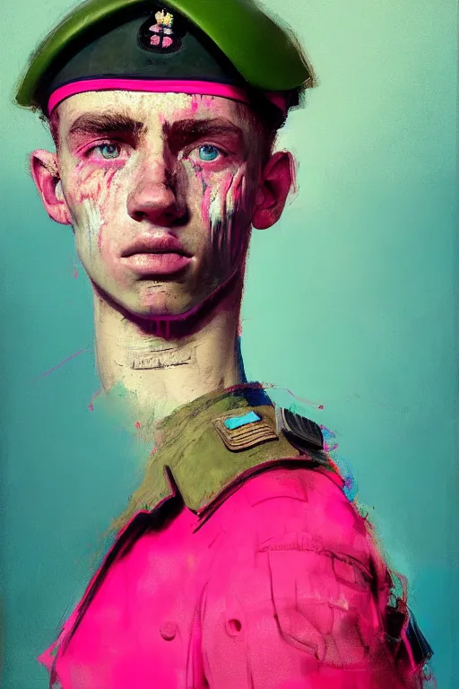Prompt: portrait of a young soldier boy nor living in a death postapoliptic world, painted in acrylic, pigment, in the colors hot pink and cyan, beautiful realistic face, rule of thirds, dutch soldier outfit, spotlight, by greg rutkowski, by jeremy mann, by francoise nielly, by van gogh, digital painting
