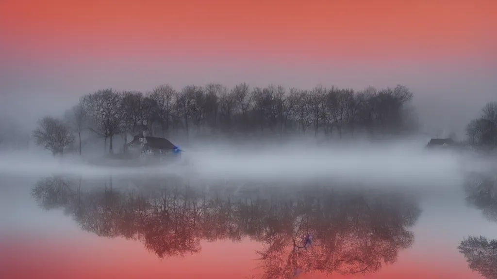 Image similar to village with beautiful houses in the fog on the lake, fog, volumetric lighting, mystique, atmospheric, conept art, teal and orange, sharp focus, ultra detailed, noir arthouse, 4 k, cinematic, 3 5 mm