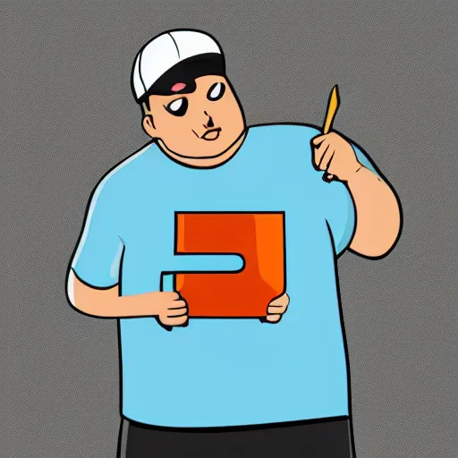 Prompt: obese young man with a t-shirt and cap with the letter P, drawing a comic