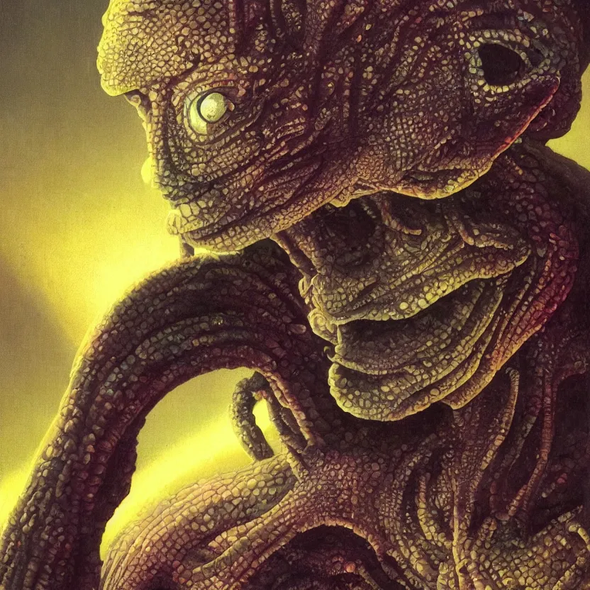 Prompt: a neoclassicist close - up portrait of a an otherworldy entity with surrealist lizard features. iridescent reflective alien textures. foggy black background. highly detailed science fiction painting by norman rockwell, frank frazetta, syd mead and moebius. rich colors, high contrast, gloomy atmosphere, dark background. trending on artstation.