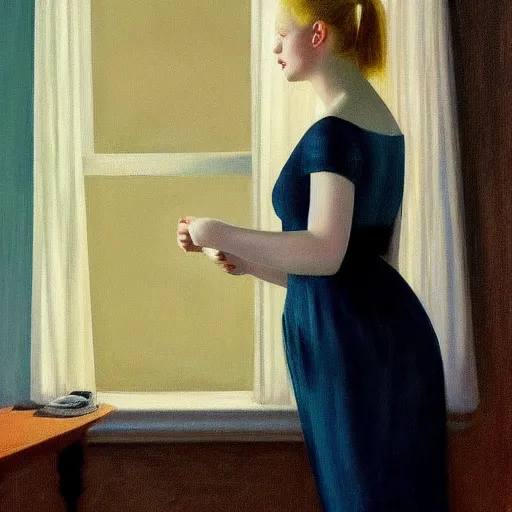 Prompt: Painting of Elle Fanning shining a flashlight, long blonde hair, delicate, pale milky white porcelain skin, very dark night, by Edward Hopper. 8K. Extremely detailed.