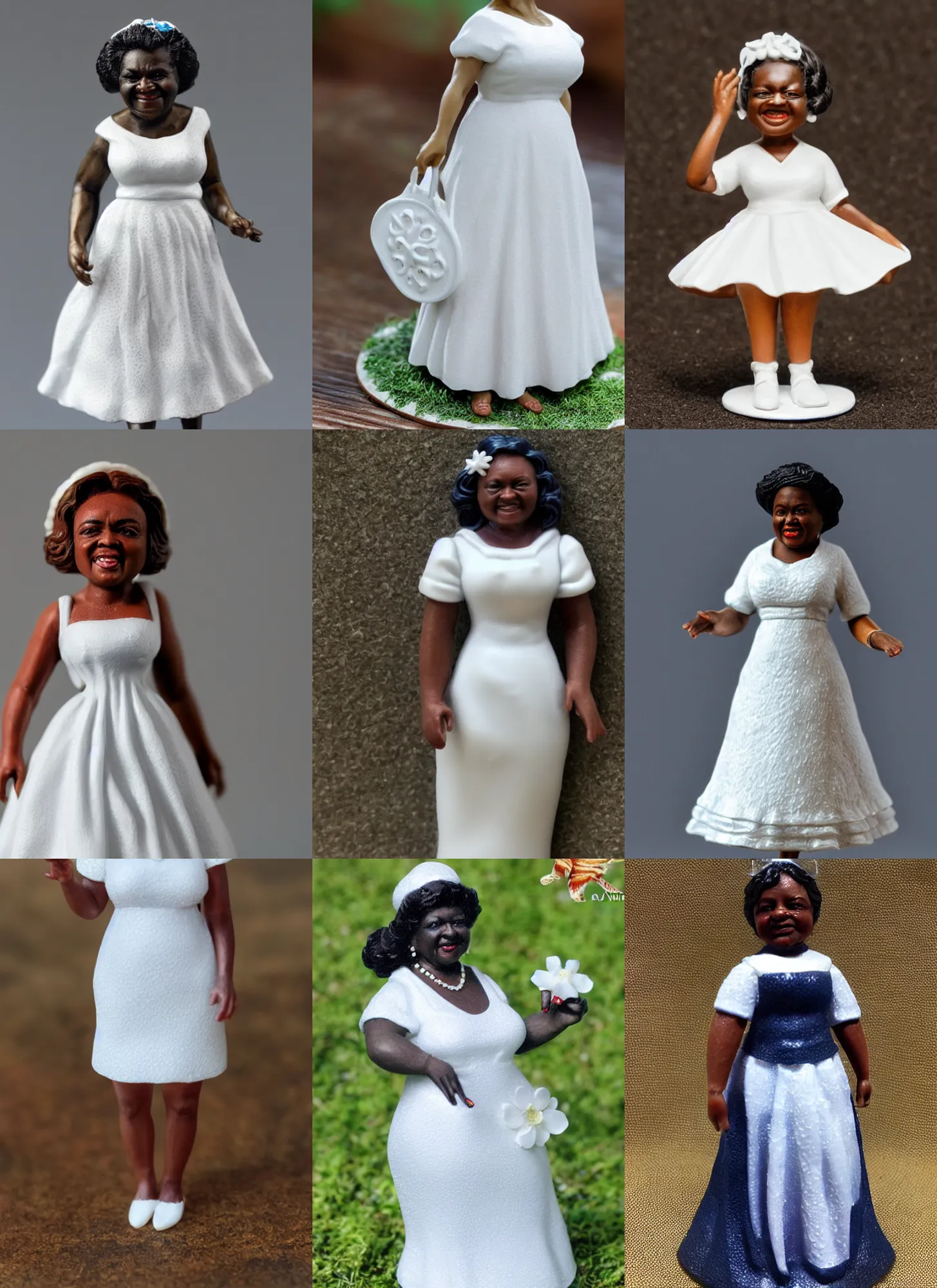 Prompt: 80mm resin detailed Miniature of a Hattie McDaniel in white summer dress ;Miniature product Photo, 4K, Full body