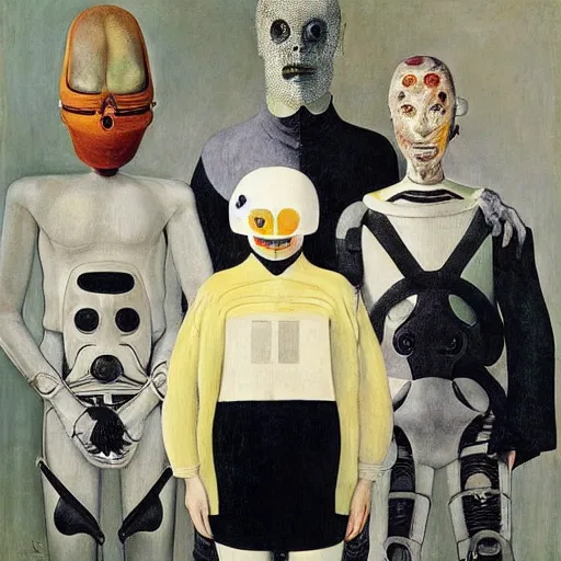 Prompt: a family portrait of alien cyborgs dressed in japanese streetwear, by andrew wyeth, hilma af klint, rene magritte, grant wood