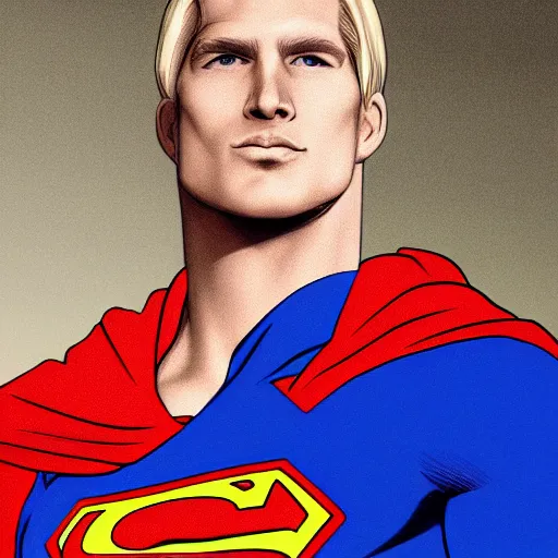 Image similar to portrait of blonde superman with blonde hair he is blinde and thin face lines, his cape is the american flag