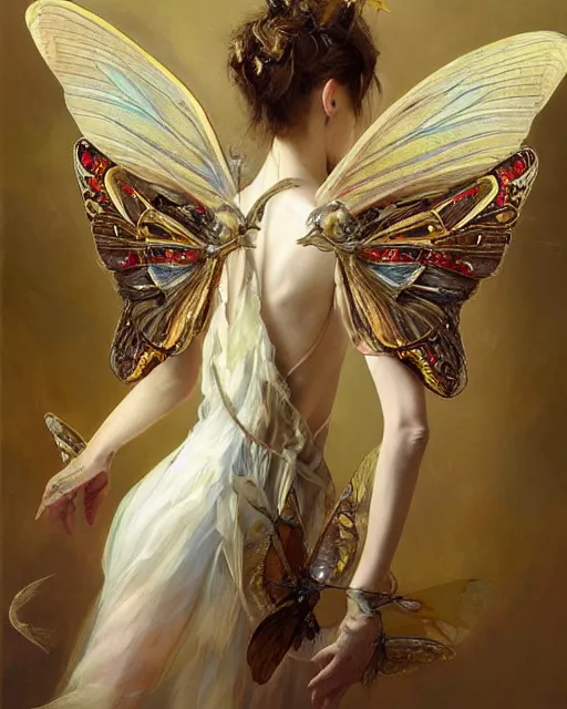 Image similar to Moth Fairy Maiden with large moth like wings wearing ornate dress by Ruan Jia and Andrei Riabovitchev, featured on Artstation, Hyperdetailed, stylized, realistic oil on linen, masterpiece, fantasy, dark academia