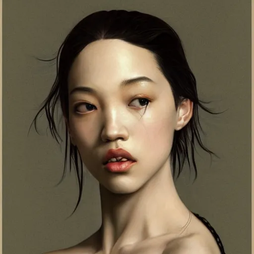 Image similar to Kiko Mizuhara, physically accurate, very dramatic dynamic lighting, intricate, very very elegant, highly detailed, digital painting, artstation, very hyperrealistic, very HR GIGER, very Bensinski, Hieronymus Bosch, Francis Bacon, concept art, smooth, sharp focus, illustration, art by artgerm and greg rutkowski and alphonse mucha