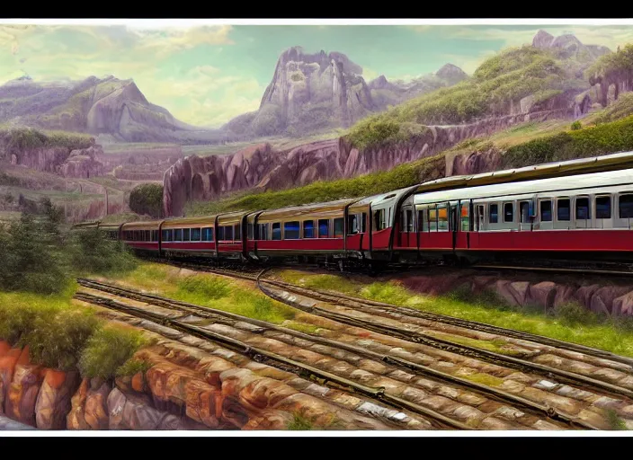 Image similar to 🚃🚇🚂🚊, lowbrow, matte painting, 3 - d highly detailed, in the style of,