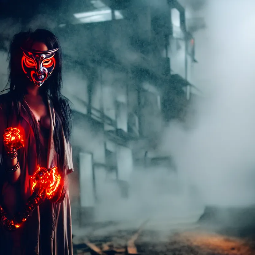Prompt: a photo close up cyberpunk woman, wearing demon mask, fire dance in cyberpunk dirty alley, smoke mist rain, cyberpunk gunma prefecture, midnight, photorealistic, cinematic color, studio lighting, highly detailed, bokeh, style by tomino - sama
