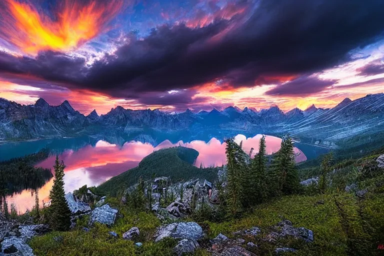 Image similar to beautiful landscape of mountains with lake and a dead tree in the foreground by Marc Adamus, sunset, dramatic sky