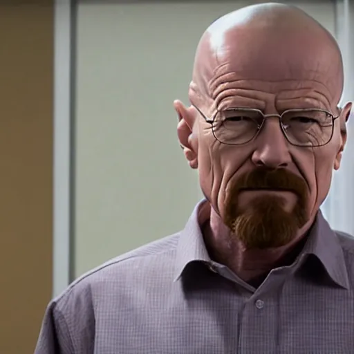 Prompt: film still of walter white talking to the camera in the office tv show. 4 k.