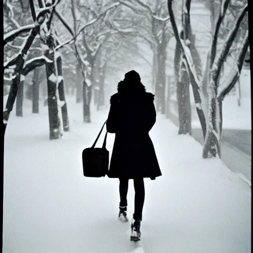 Prompt: girl walking through a blizzard, 8 0 mm film