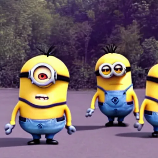 Prompt: Trail cam footage of Michael Jackson chasing after minions