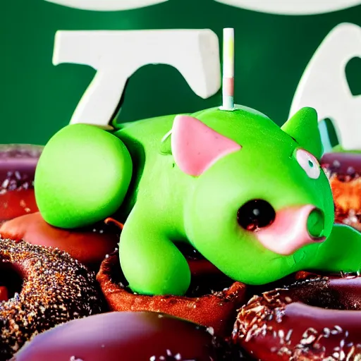 Prompt: A photography of green pig eating donuts, 4k, winning awards, HD