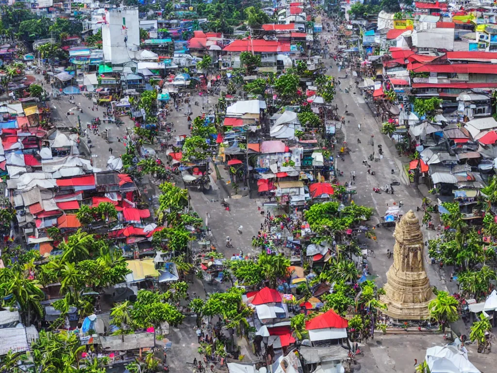 Image similar to tugu jogja with details, and panoramatic view, and dense city crowd feels with javanese wore traditional dress everywhere, high definition art, 4 k images