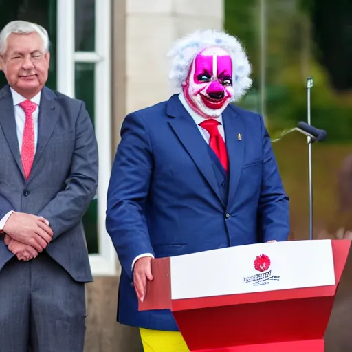 Image similar to president with clown makeup in a podium next to an angry first minister