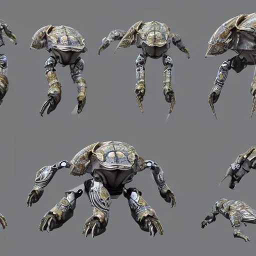 Image similar to hard surface, robotic platform, based on turtle, 6 claws, symmetric, unreal engine