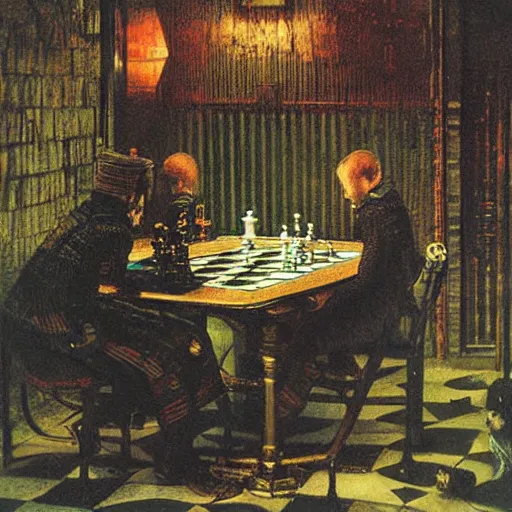 Prompt: Illustration of chess, art by John Atkinson Grimshaw