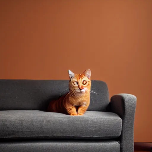 Image similar to an orange lazy tabby cat on a sofa studio lighting goofy foggy