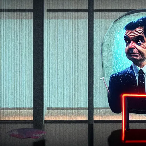 Prompt: a mr bean portrait, rain, neon, beautiful, rendered in octane, unreal engine, cinematic