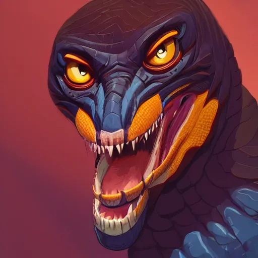 Image similar to portrait of an antropomorphic raptor creature, reptile face, dark blue scales, angry look, ready for battle, mattepainting concept blizzard pixar maya engine on cold night stylized background splash comics global illumination lighting artstation lois van baarle, ilya kuvshinov, rossdraws