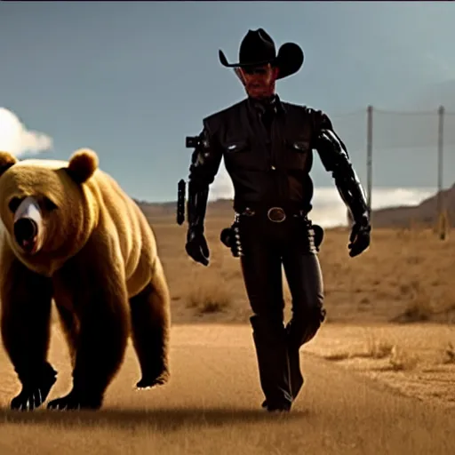 Image similar to a terminator android dressed as a cowboy while mounting a bear, 8 k, movie still, high detail, hyperrealistic