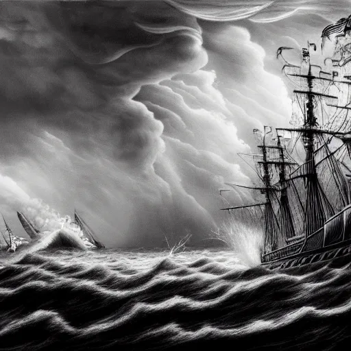 Image similar to a highly detailed hyperrealistic scene of a ship being attacked by giant squid tentacles, jellyfish, squid attack, dark, voluminous clouds, thunder, stormy seas, pirate ship, dark, high contrast, black and white, red, fiery storm